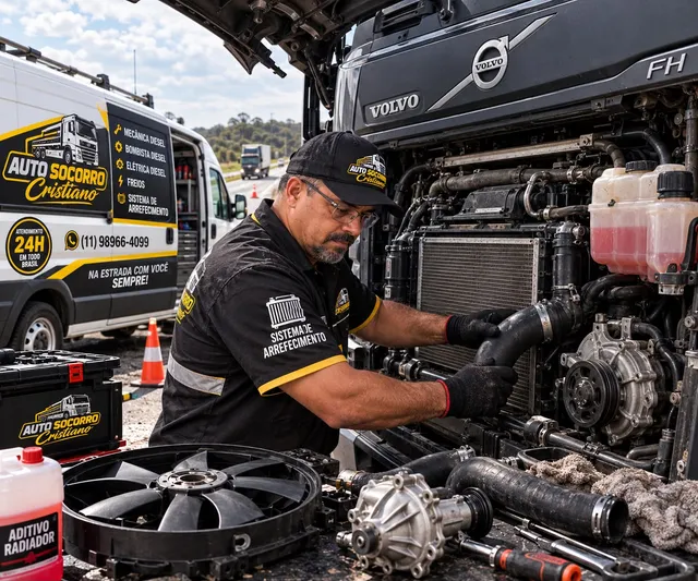 Manutenção do sistema de arrefecimento de um caminhão diesel feita no local pela Mecânica Diesel Cristiano