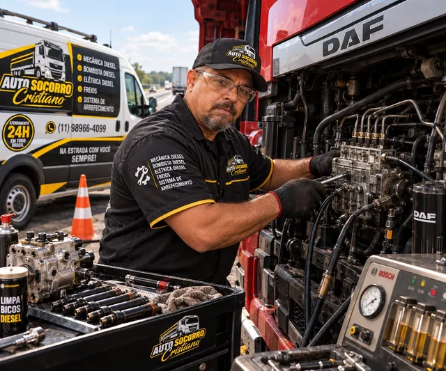 Bombista diesel da Mecânica Diesel Cristiano ajustando o sistema de injeção de um caminhão DAF com equipamento Bosch no local