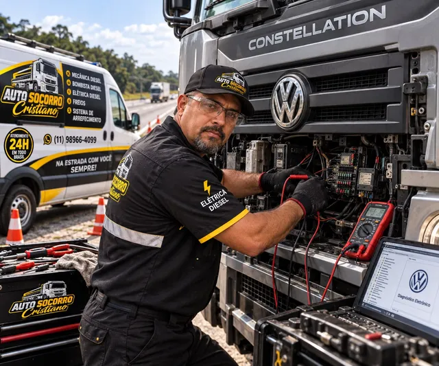 Elétrica diesel de caminhão sendo atendida no local por técnico da Mecânica Diesel Cristiano