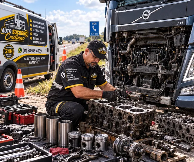 Mecânico da Mecânica Diesel Cristiano fazendo retífica do motor de um caminhão Volvo FH no local, com bloco, camisas e pistões sobre a lona